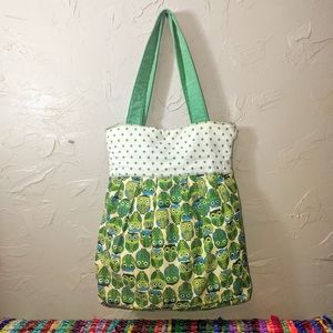 Vintage Retro Large Green Owl Tote Bag Shoulder Handbag Purse Zipper Polka Dots